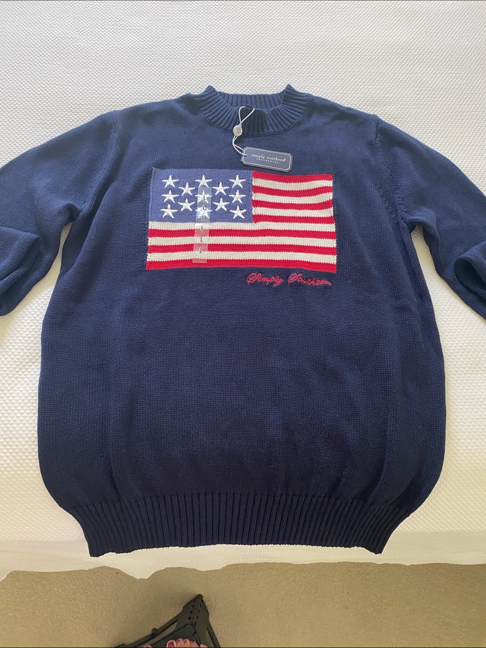 Simply Southern Navy Crewneck Sweater with Red & White Flag